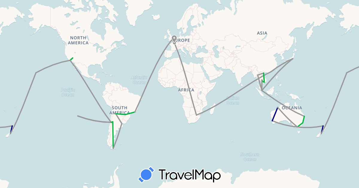 TravelMap itinerary: driving, bus, plane, train in Argentina, Australia, Brazil, Chile, France, United Kingdom, Hong Kong, Japan, Cambodia, New Zealand, Singapore, Thailand, United States, Vietnam, South Africa (Africa, Asia, Europe, North America, Oceania, South America)
